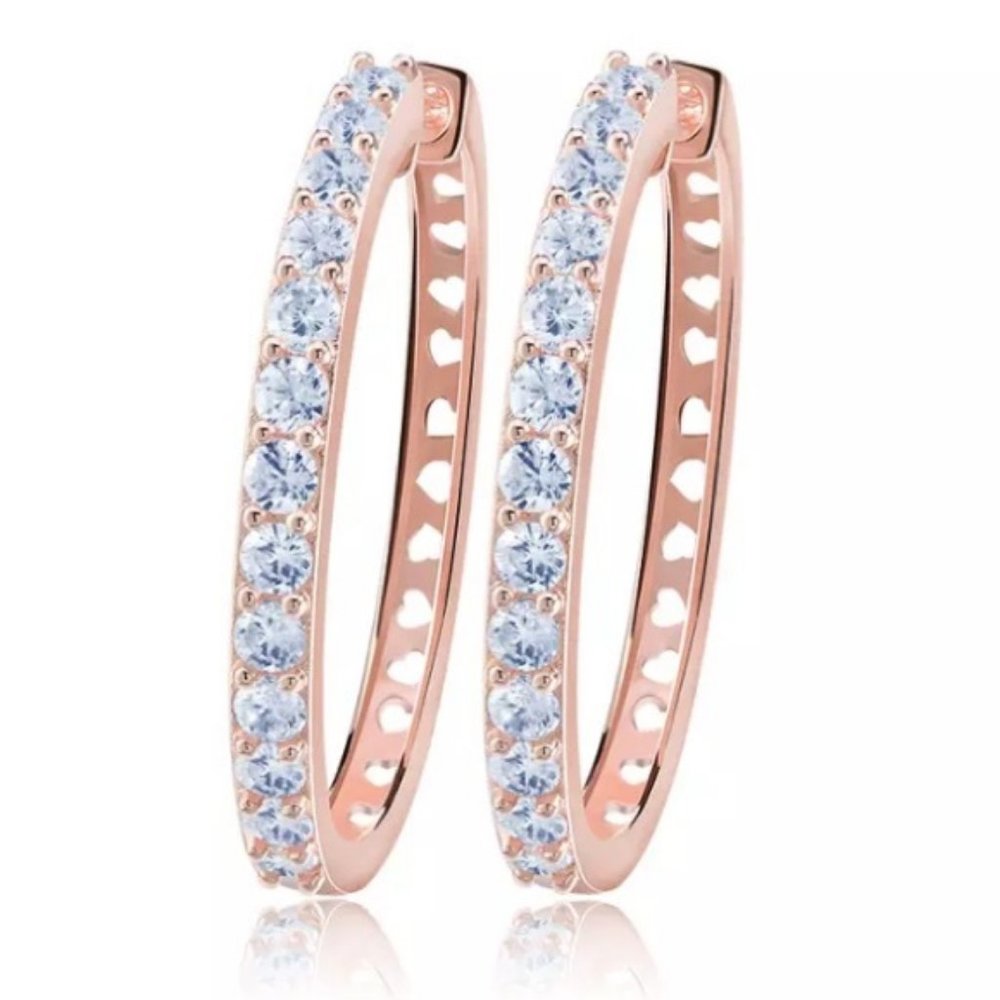 NEW 18K Rose Gold 1.25'' Diamond Hoop Earrings - Picture 3 of 3
